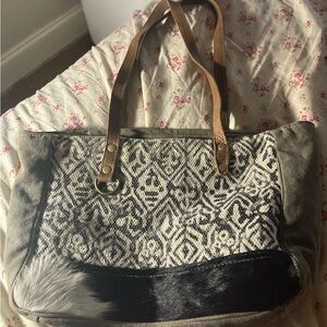 Myra Bag Black and White Geometric Tote with Tan Handles